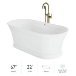 Jacuzzi Lyndsay 67" Free Standing Acrylic Soaking Tub with Center Drain, Drain Assembly and Overflow - Includes Floor Mounted Tub Filler with Hand Shower