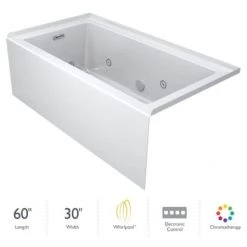 Jacuzzi Linea 60" x 30" Acrylic Whirlpool Bathtub for Three Wall Alcove Installation with Left Drain and Chromatherapy Lighting