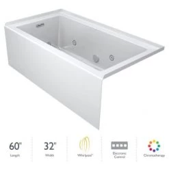 Jacuzzi Linea 60" x 32" Whirlpool Alcove Bathtub with Chromatherapy, Heater, Right Drain and Basic Controls
