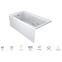 Jacuzzi Linea 60" x 32" Three Wall Alcove Whirlpool Bathtub with Right Drain, Heater, and Whisper+ Technology™