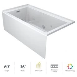 Jacuzzi Linea 60" x 36" Three Wall Alcove Acrylic Skirted Whirlpool Tub with Right Drain, Heater and Chromatherapy - Less Drain Assembly and Overflow