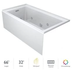 Jacuzzi Linea 66" Three Wall Alcove Acrylic Whirlpool Tub with Chromatherapy, Heater, Left Drain Location, and Overflow