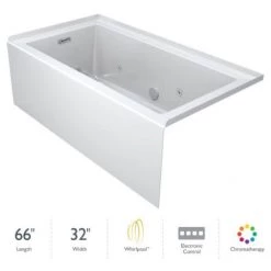 Jacuzzi Linea 66" Three Wall Alcove Acrylic Whirlpool Tub with Chromatherapy, Heater, Right Drain Location, and Overflow