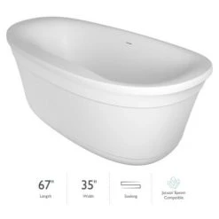 Jacuzzi Luna 67" Free Standing Acrylic Soaking Tub with Center Drain, Drain Assembly and Overflow