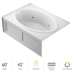 Jacuzzi 60" x 42" Nova Drop In Three Wall Alcove Comfort Whirlpool Bathtub with Basic Controls, Heater, Chromatherapy, Left Drain and Right Pump