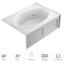Jacuzzi 60" x 42" Nova Drop In Three Wall Alcove Comfort Whirlpool Bathtub with Basic Controls, Heater, Chromatherapy, Right Drain and Left Pump