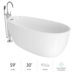 Jacuzzi Signature 60" Free Standing Acrylic Soaking Tub with Chrome Free Standing Tub Filler and Handshower, Reversible Drain, Drain Assembly and Overflow