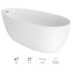 Jacuzzi Signature 67" Free Standing Acrylic Soaking Tub with Reversible Drain, Drain Assembly and Overflow