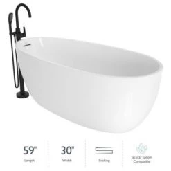Jacuzzi Signature 60" Free Standing Acrylic Soaking Tub with Matte Black Free Standing Tub Filler and Handshower, Reversible Drain, Drain Assembly and Overflow