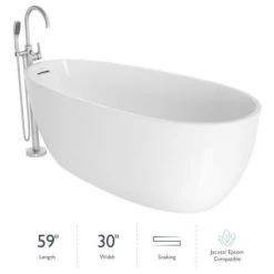 Jacuzzi Signature 60" Free Standing Acrylic Soaking Tub with Brushed Nickel Free Standing Tub Filler and Handshower, Reversible Drain, Drain Assembly and Overflow