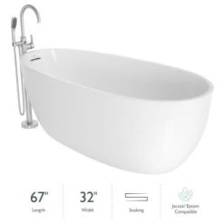 Jacuzzi Signature 67" Free Standing Acrylic Soaking Tub with Brushed Nickel Free Standing Tub Filler and Handshower, Reversible Drain, Drain Assembly and Overflow