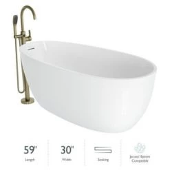 Jacuzzi Signature 59" Free Standing Acrylic Soaking Tub with Reversible Drain, Drain Assembly and Overflow - Includes Floor Mounted Tub Filler with Hand Shower