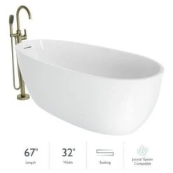 Jacuzzi Signature 67" Free Standing Acrylic Soaking Tub with Reversible Drain, Drain Assembly and Overflow - Includes Floor Mounted Tub Filler with Hand Shower
