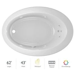 Jacuzzi 62" x 43" Riva® Drop In Comfort Whirlpool Bathtub with 8 Jets, Basic Controls, Chromatherapy, Heater, Reversible Drain and Pump