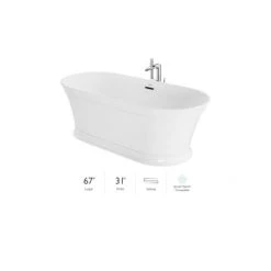 Jacuzzi Serafina 67" Free Standing Soaking Tub with Center Drain, Drain Assembly and Overflow - Includes Floor Mounted Tub Filler with Hand Shower
