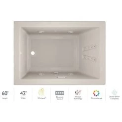 Jacuzzi 60" x 42" Solna™ Drop-In/Undermount Luxury Whirlpool Bathtub with Luxury Controls, Chromatherapy, Whisper Technology™, Heater and Left Drain