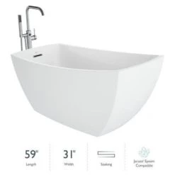 Jacuzzi Stella 59" Free Standing Acrylic Soaking Tub with Reversible Drain, Drain Assembly and Overflow - Includes Floor Mounted Tub Filler with Hand Shower