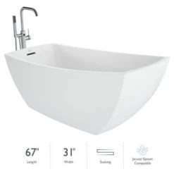Jacuzzi Stella 67" Free Standing Acrylic Soaking Tub with Reversible Drain, Drain Assembly and Overflow - Includes Floor Mounted Tub Filler with Hand Shower