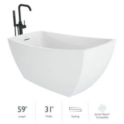 Jacuzzi Stella 59" Free Standing Acrylic Soaking Tub with Reversible Drain, Drain Assembly and Overflow - Includes Floor Mounted Tub Filler with Hand Shower
