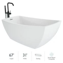 Jacuzzi Stella 67" Free Standing Acrylic Soaking Tub with Reversible Drain, Drain Assembly and Overflow - Includes Floor Mounted Tub Filler with Hand Shower