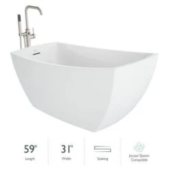 Jacuzzi Stella 59" Free Standing Acrylic Soaking Tub with Reversible Drain, Drain Assembly and Overflow - Includes Floor Mounted Tub Filler with Hand Shower