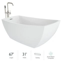 Jacuzzi Stella 67" Free Standing Acrylic Soaking Tub with Reversible Drain, Drain Assembly and Overflow - Includes Floor Mounted Tub Filler with Hand Shower