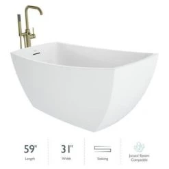 Jacuzzi Stella 59" Free Standing Acrylic Soaking Tub with Reversible Drain, Drain Assembly and Overflow - Includes Floor Mounted Tub Filler with Hand Shower
