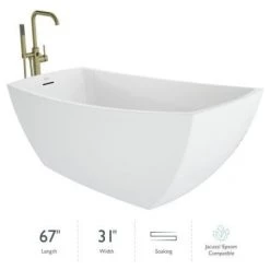 Jacuzzi Stella 67" Free Standing Acrylic Soaking Tub with Reversible Drain, Drain Assembly and Overflow - Includes Floor Mounted Tub Filler with Hand Shower